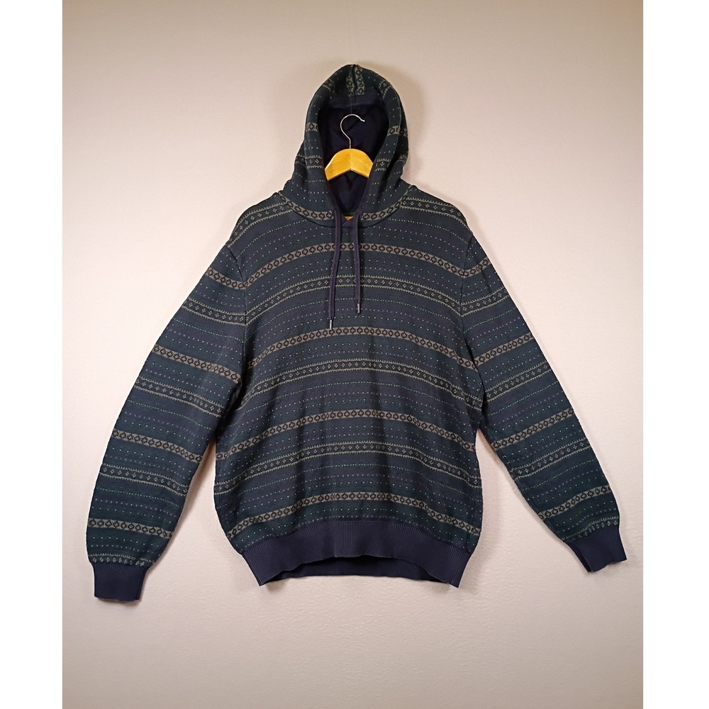 Grandpa Core IZOD Mens XL Navy Blue Fair Isle Striped Knit Cotton Hoodie Sweater